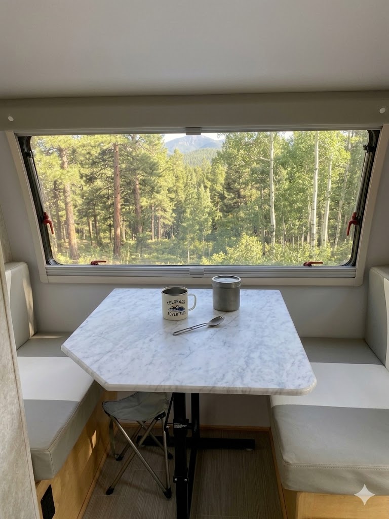 Camper dinette with mountain view out the window