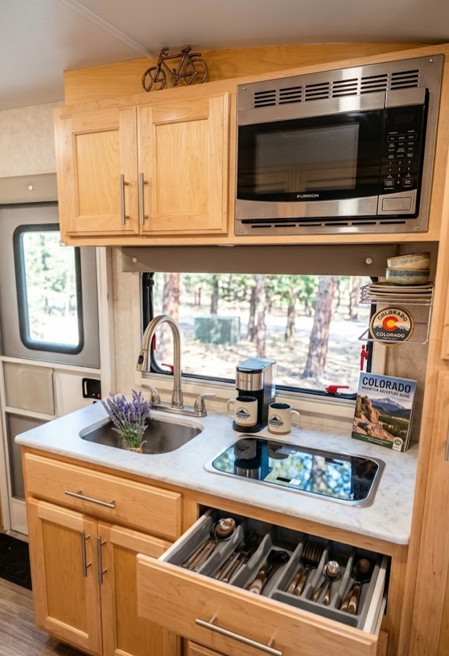 Camper kitchen with microwave and sink